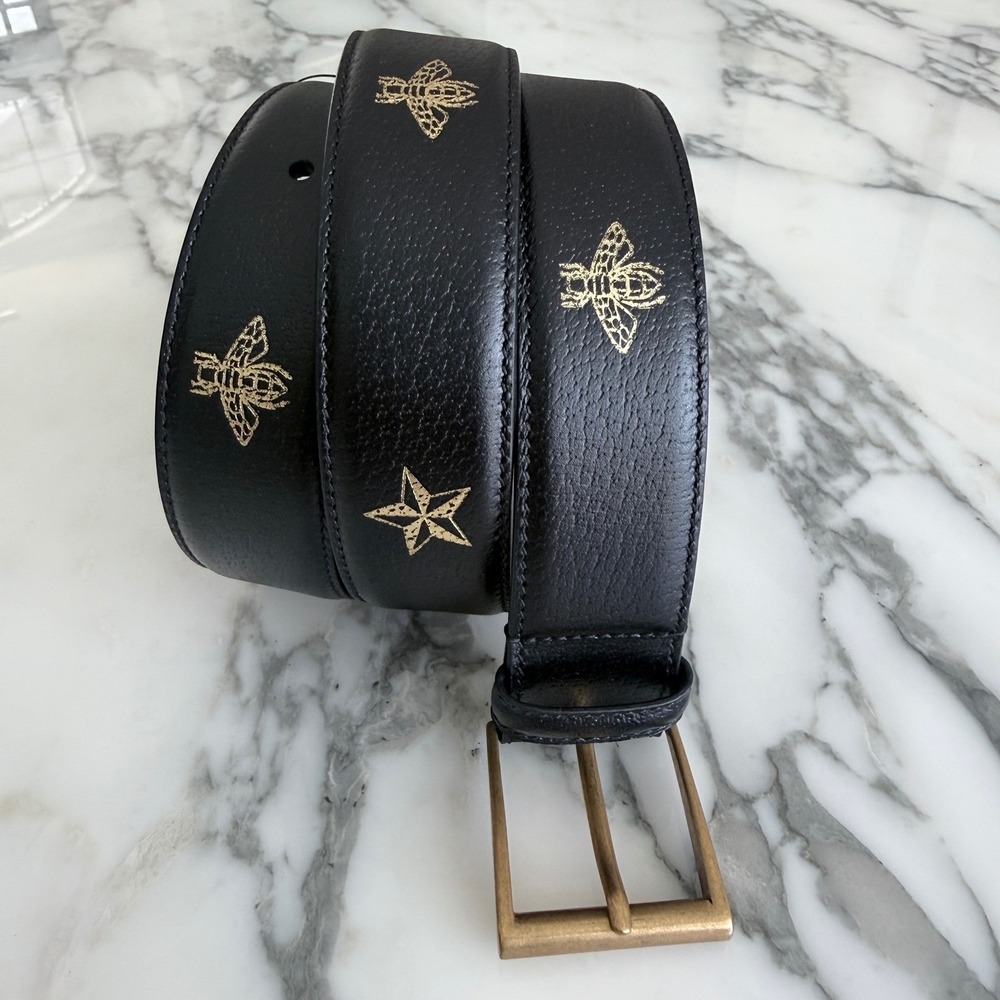 Gucci 495122 Black Leather Bee and Star Print Belt Gold‎ Buckle size 95/38 - Picture 3 of 12